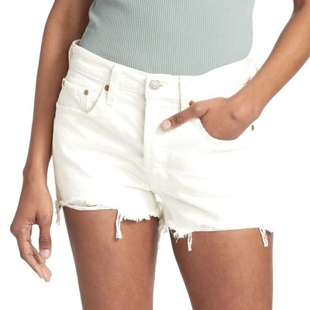 New! Levi’s High Rise Distressed Frayed Raw Hem White Denim Jean Shorts